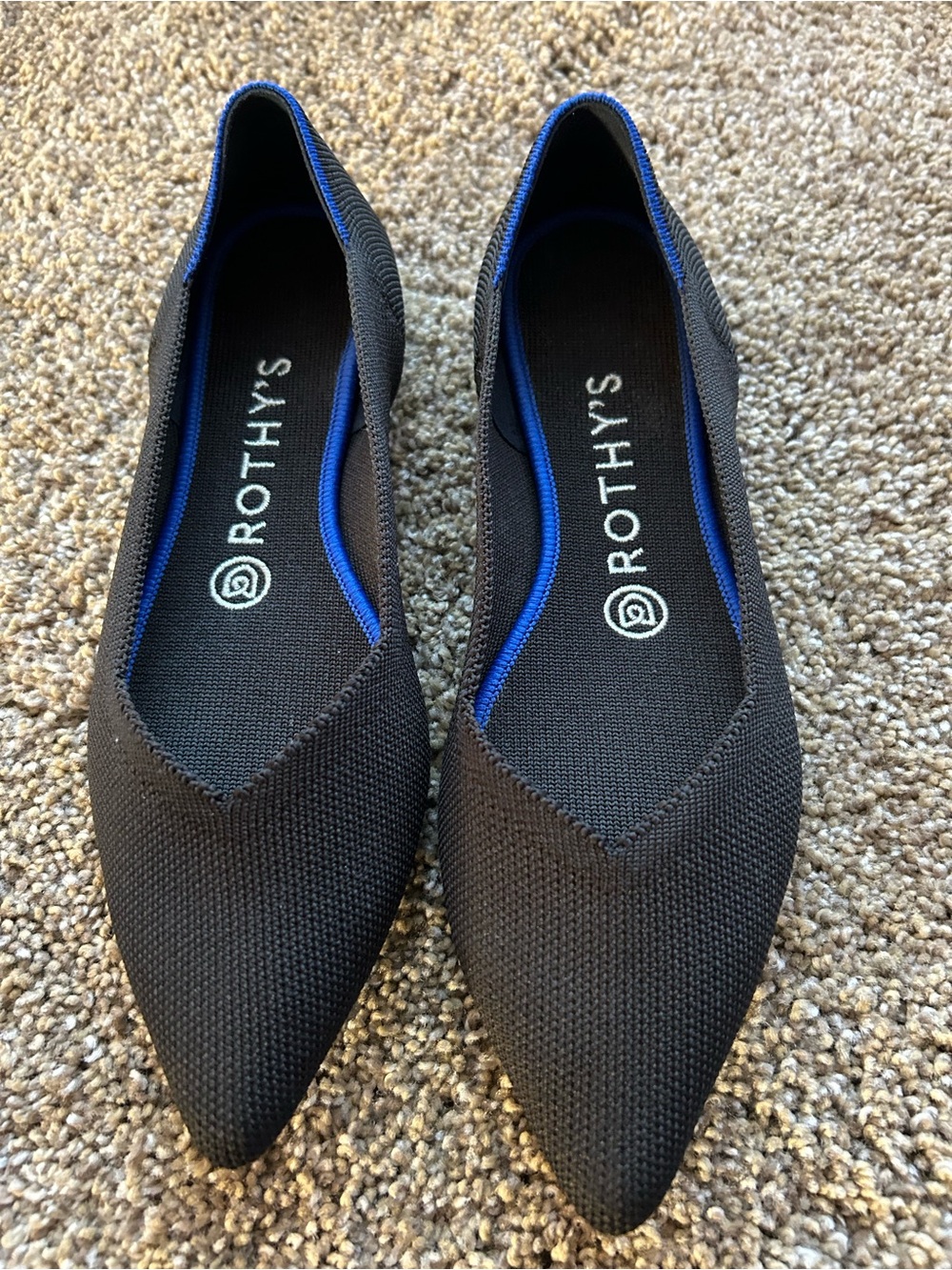 Rothy's Black Pointed Knit Flats with Blue Trim